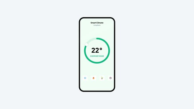 Smart Home Climate Control App Mobile Interface Showing Comfort Mode with Light Green Dial Animation