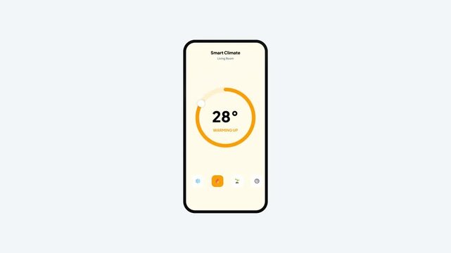Smart Home Climate Control App Mobile Interface Showing Warming Up Mode with Orange Dial Animation