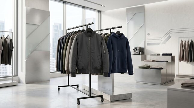A premium corporate apparel showroom displaying high-end merchandise on rolling industrial clothing racks, featuring a dark grey satin bomber jacket and a classic navy blue hoodie inside a modern, bri