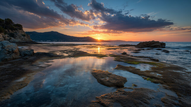 Coastal sunset reflecting on tide pools with rocky shoreline and dramatic cloudscape above horizon