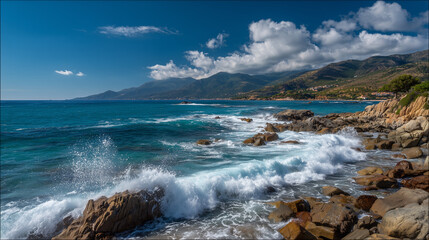 Fototapeta premium Ocean waves crashing against rocky shoreline under a bright blue sky with fluffy white clouds above