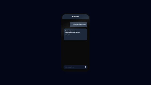 AI Assistant Interface Mobile Animation for Python Programming Query with Blue Glowing Outline Border