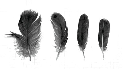 Fototapeta premium Set of Detailed Black and Grey Bird Feathers with Soft Texture Realism for Elegant Graphic Backgrounds Artistic Patterns and Boho Style Decor Designs