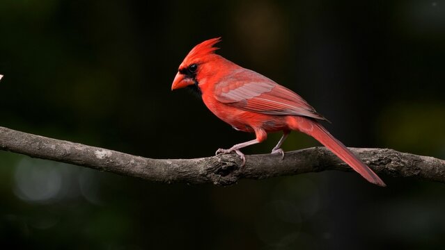 A male Northern Cardinal (Cardinalis cardinalis) rests on a branch in a forest park.