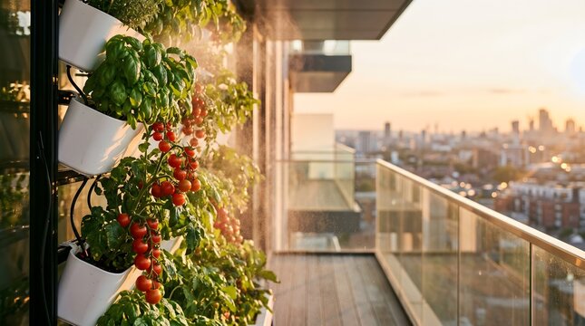 Vertical balcony garden with automated misting system growing cherry tomatoes and basil at sunset with urban city view background