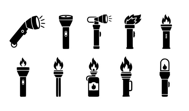 Collection of torch and flashlight icons in black silhouette