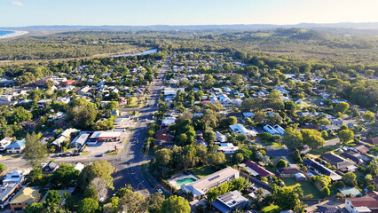 Fototapeta premium Aerial View of Brunswick Heads Coastal Town and Residential Neighborhood