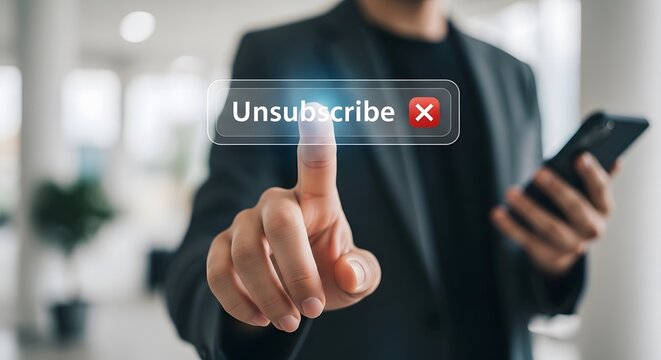 Businessman touching a virtual unsubscribe button to opt out of email marketing lists.