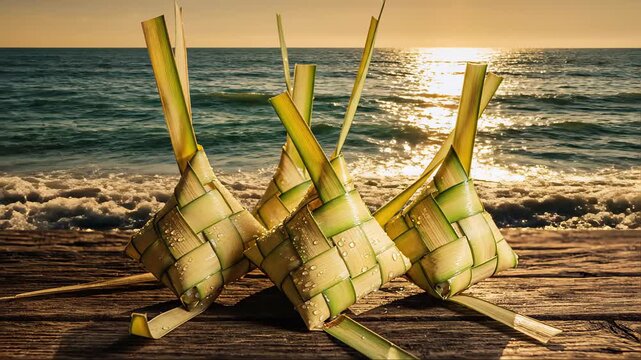 Three woven palm leaf packets with water drops sit on a wooden deck