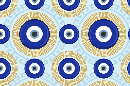 Nazar Boncuk Pattern Blue and Gold Circles on Light Blue Background