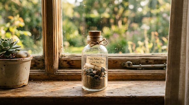 A jar with small objects on a rustic windowsill beside a potted plant on Father's Day
