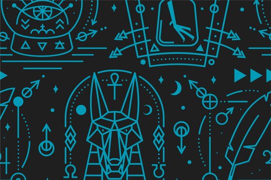 Egyptian symbols and hieroglyphics pattern on black background