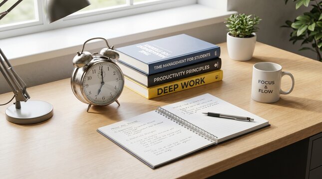Alarm clock beside stacked books and notebook, symbol of study time management and productivity concept.