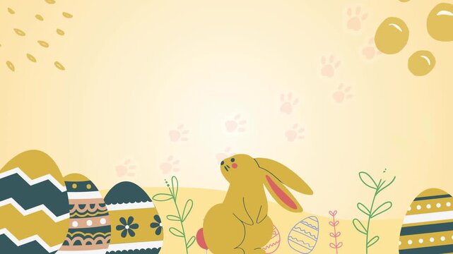 Animated happy easter day greeting with colorful decorated eggs and foliage. An illustration of a bunny with Easter eggs