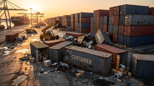 Damaged Shipping Containers Collapsed at Port Terminal During Sunset Cargo Accident Logistics Disaster Supply Chain Disruption Industrial Freight Transportation Crisis