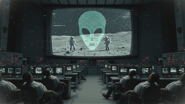 Men watching a giant screen displaying an alien head above astronauts on the moon. Science fiction command center with retro technology. Paranormal investigation and extraterrestrial vision.