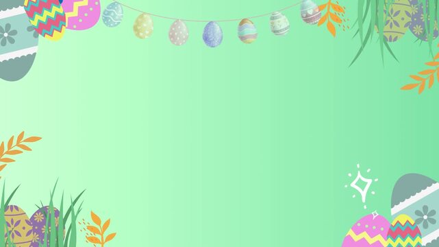 Animated happy easter day greeting with colorful decorated eggs and foliage. Easter eggs garland on green background with floral decorations