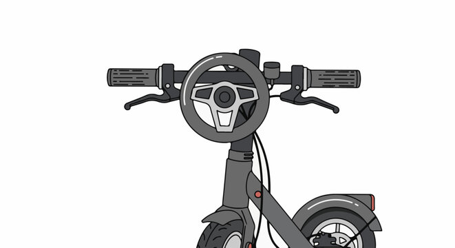 Close-up illustration of an electric scooter's handlebars and front wheel, featuring a steering wheel