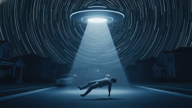 Unidentified flying object hovering over a residential street and abducting a man in a beam of light. Science fiction scene depicting an extraterrestrial encounter. Alien spaceship night abduction.
