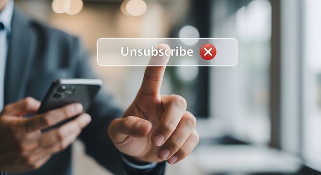 Businessman finger touching unsubscribe button option on virtual interface screen