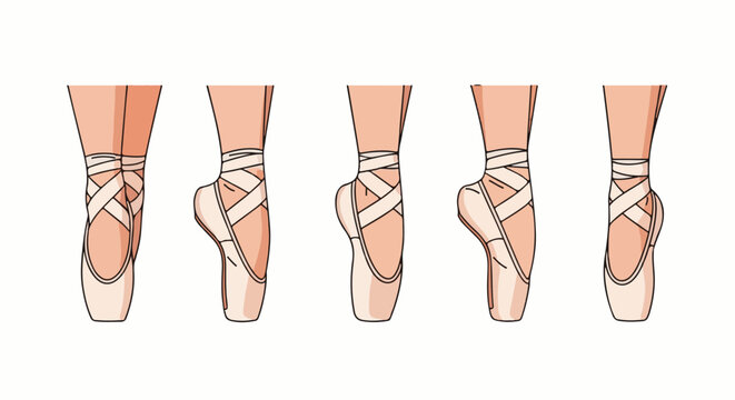 Five ballet dancers' feet in various pointe shoe positions