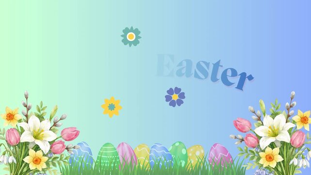Animated happy easter day greeting with colorful decorated eggs and foliage. Digital illustration of Easter greeting with eggs and flowers