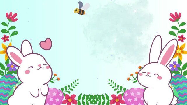 Animated happy easter day greeting with colorful decorated eggs and foliage. Two white cartoon rabbits surrounded by colorful flowers and eggs