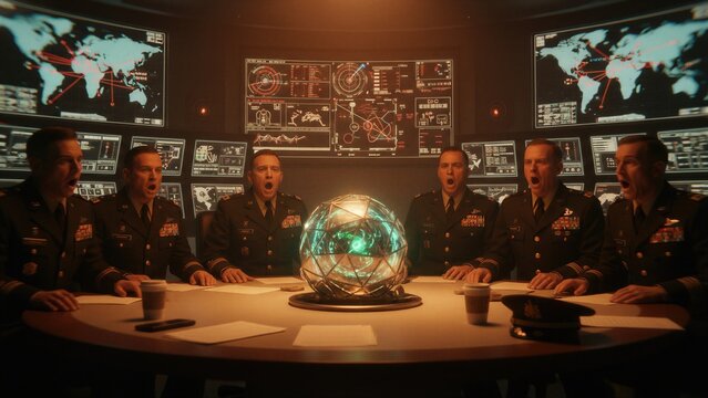 Military officer experiencing astonishment while observing glowing extraterrestrial orb located in command center. Science fiction scene featuring group of soldiers monitoring alien technology.