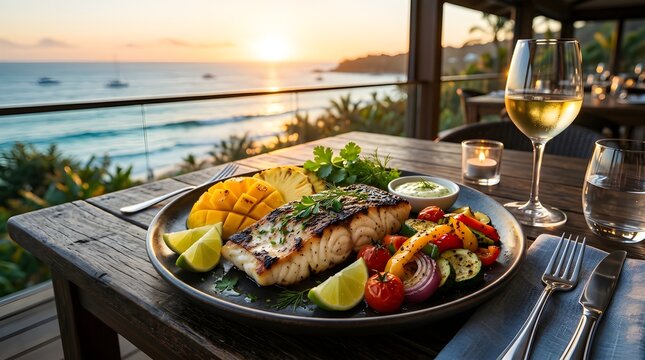 Grilled fish fillet plated with mango, lime, roasted vegetables and herb sauce, paired with a glass of white wine on a beachfront table at sunset for a romantic seaside dining experience.