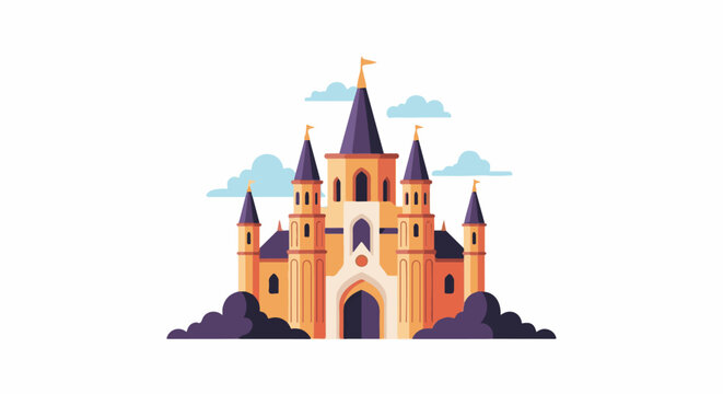 A stylized, colorful castle with purple turrets and orange walls stands against a white background