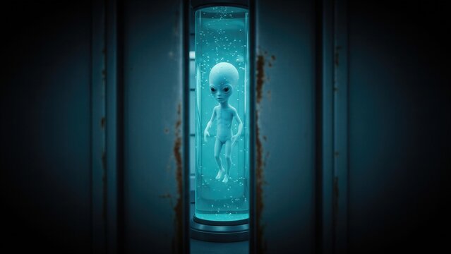 Alien in glass stasis tube. Extraterrestrial life form inside laboratory liquid chamber. Science fiction concept of mysterious creature experiment in dark futuristic secret facility.