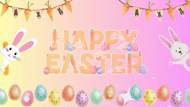 Animated happy easter day greeting with colorful decorated eggs and foliage. Colorful Easter celebration background with bunnies and eggs