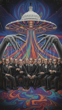 UFO spacecraft hovering above government building with group of men in suits being controlled by puppet strings. Science fiction illustration representing conspiracy and alien manipulation.