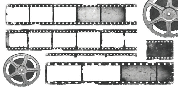 Vintage black and white film strips and circular movie reels for cinema and photography projects