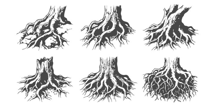 Set of hand drawn tree roots and trunks in black and white sketch style for nature and forest design elements