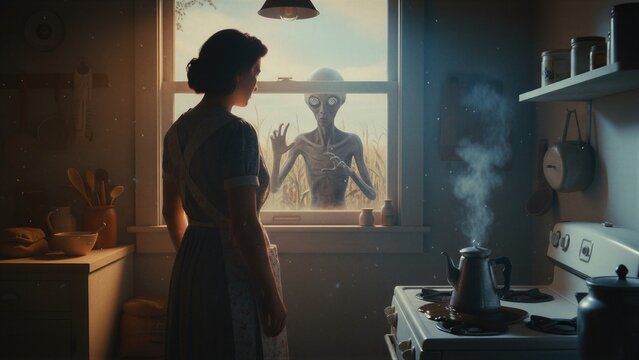 Woman standing in rustic kitchen looking at alien outside house window. Extraterrestrial life visiting farm. Science fiction encounter with mysterious creature. Paranormal mystery concept.