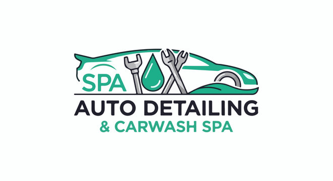 Automotive spa logo with tools, water drop, and car silhouette