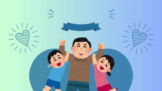 Happy Father's Day animation video. Cartoon illustration of a smiling man with two children