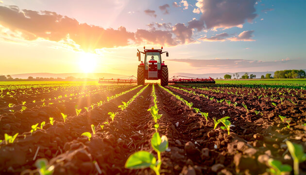 Traktor bearbeitet Ackerboden bei Sonnenuntergang