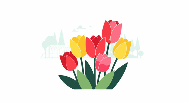 Colorful tulips bloom with a greenhouse and trees in the background