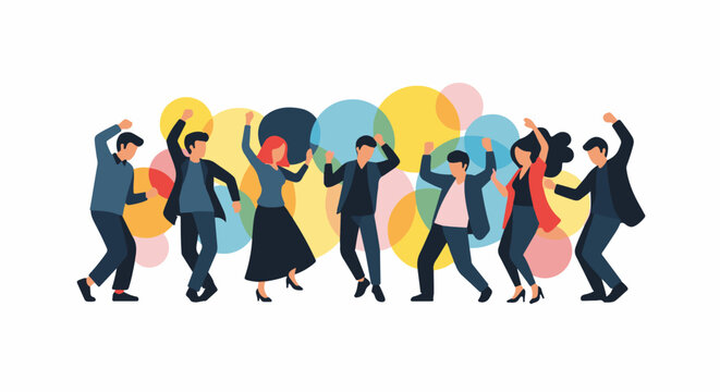 Diverse group of people joyfully dancing together, with colorful circles in the background
