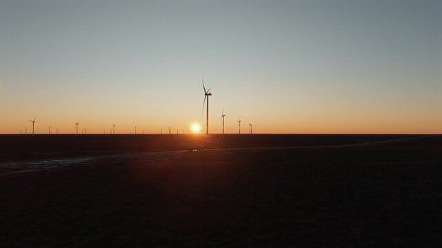 Wind turbines at sunset in Puerto Madryn, Chubut, Argentina.
