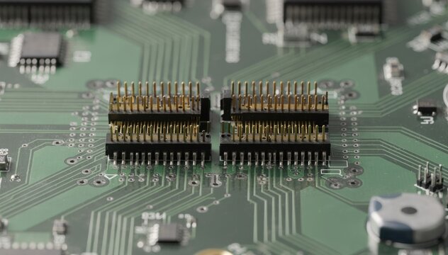 Close medium shot illustrating differential pair boardtoboard connectors highlighting precise alignment and signal integrity on dense PCB pin layouts.