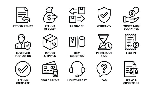 Professional set of 15 return and refund line icons featuring return policy, refund request, exchange, warranty, money back guarantee, customer protection, shipping, receipt, and store credit.