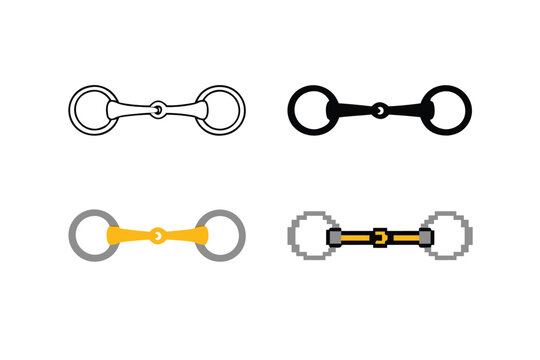 Set of horse snaffle bit icons in four distinct graphic styles including outline, solid black silhouette, flat color gold and silver, and retro pixel art for equestrian sports and design.