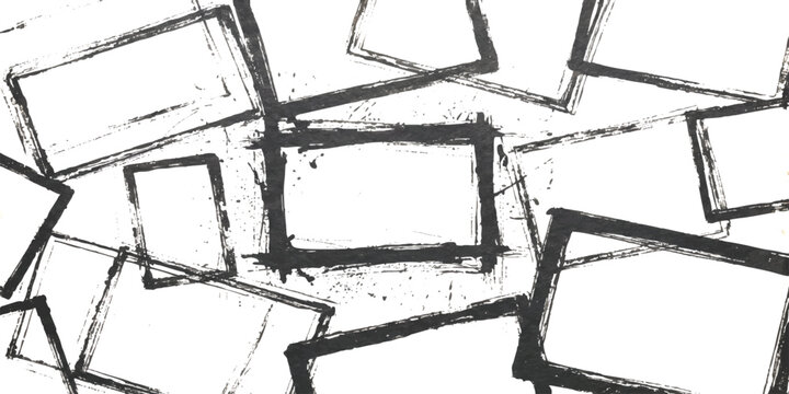Set of messy hand drawn rectangular picture frames with rough ink brush strokes and artistic grunge texture
