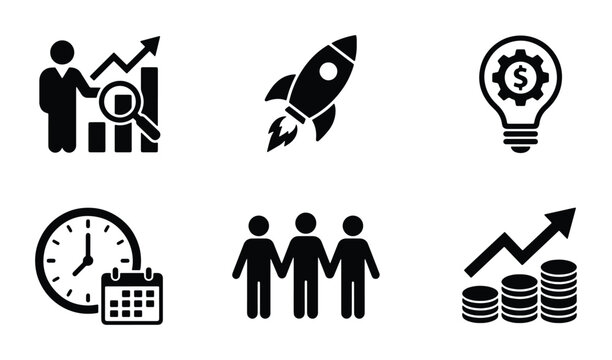 Business Growth Icons: Startup Rocket, Financial Chart, Teamwork, Time Management, Investment Coins, Innovation Lightbulb