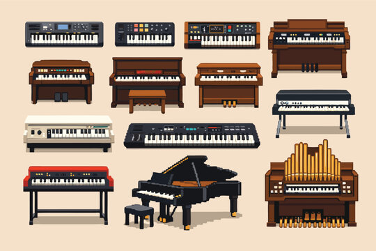 Pixel Art Musical Instruments Collection with Keyboards, Organs, and Pianos; Simple Flat Vector Illustration of Grand Piano, Synthesizer, Electric Piano, and Pipe Organ for Retro Video Game Assets.