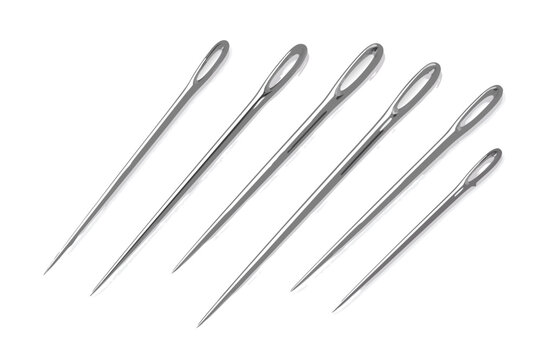 Vector 3D Realistic Sewing Needles Set with Large Eyes for Hand Stitching and Darning, Isolated Metallic Steel Tailoring Tools for Embroidery, Crafting, Mending, and Textile Repair Work on White