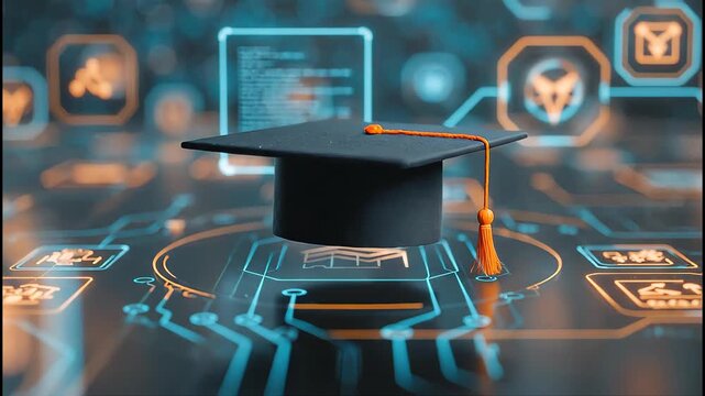 Futuristic graduation cap hovers over glowing circuit board with abstract icons